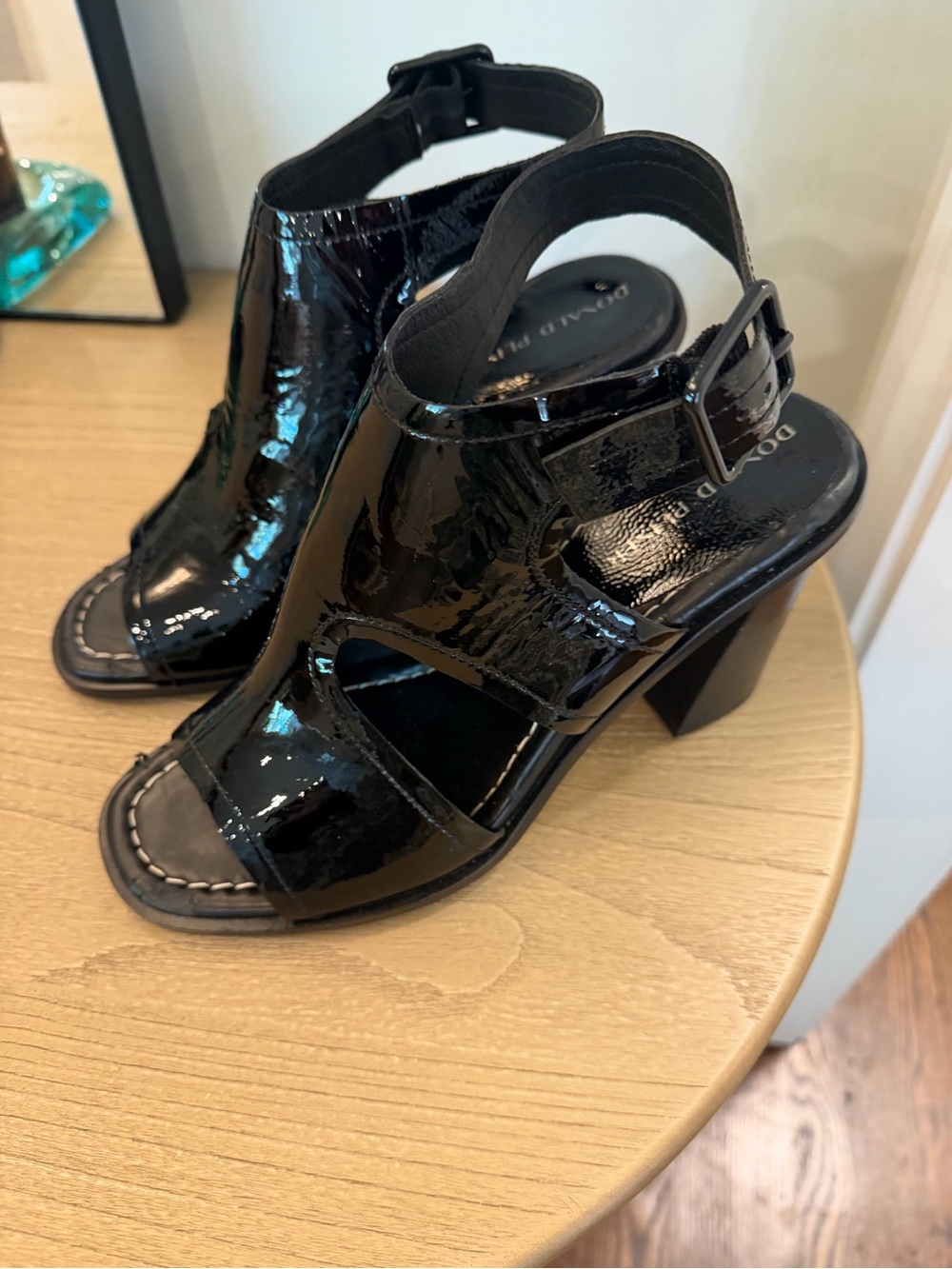 Donald Pilner Patent Black Block Heel Sandals with Buckle Strap 10M